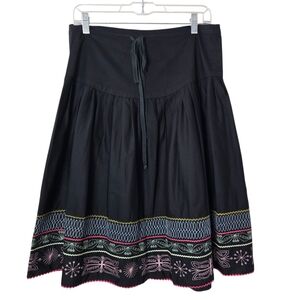 Peruvian Connection Black Pima Cotton Embroidered A-Line Tie Waist Midi Skirt 10
